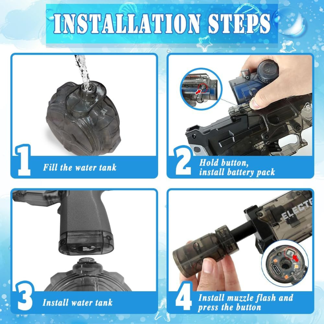 Wave Byte High-Pressure Electric Water Gun: USB-C Rechargeable, LED Lights, Leak-Proof Fun