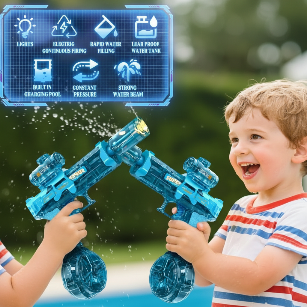 Wave Byte High-Pressure Electric Water Gun: USB-C Rechargeable, LED Lights, Leak-Proof Fun