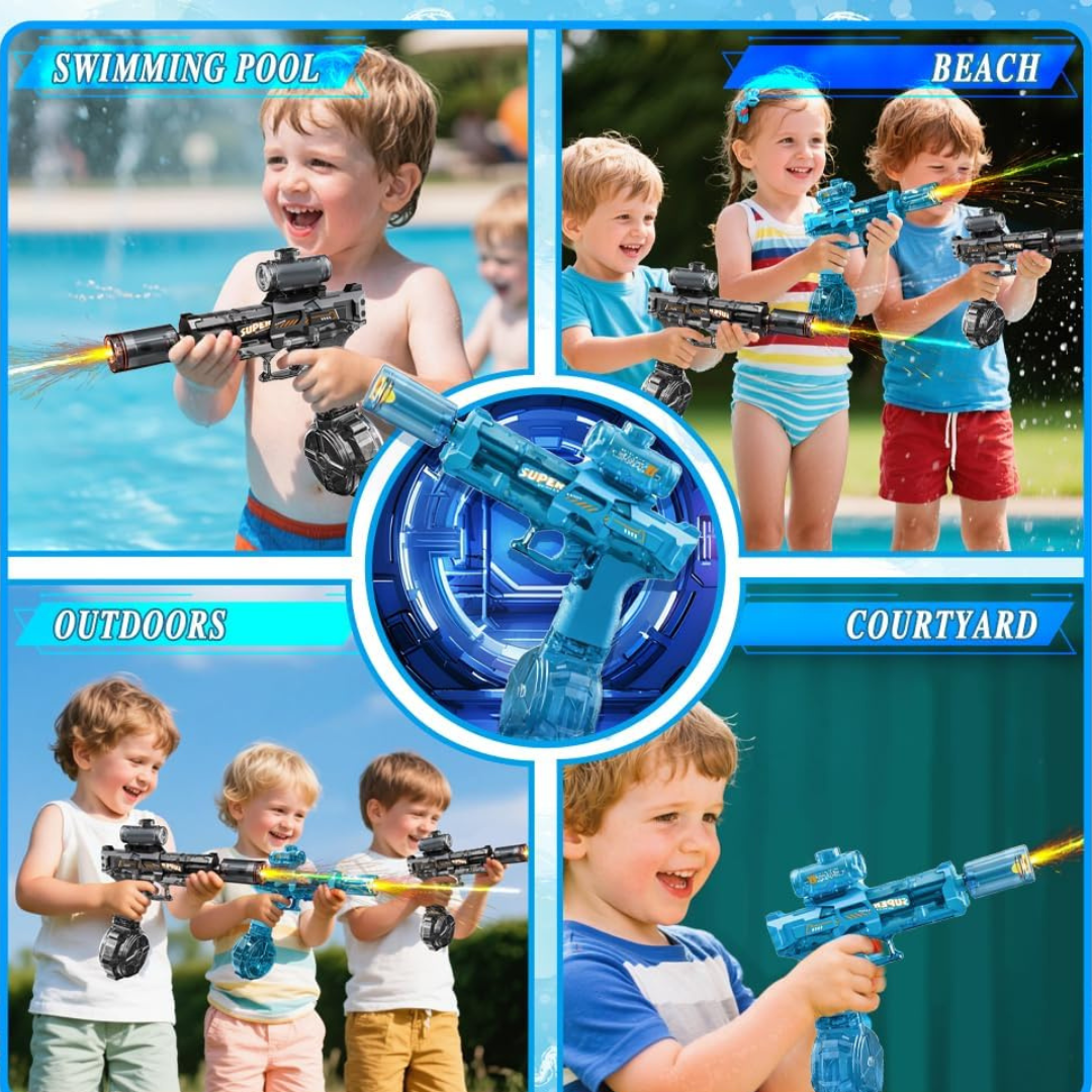 Wave Byte High-Pressure Electric Water Gun: USB-C Rechargeable, LED Lights, Leak-Proof Fun